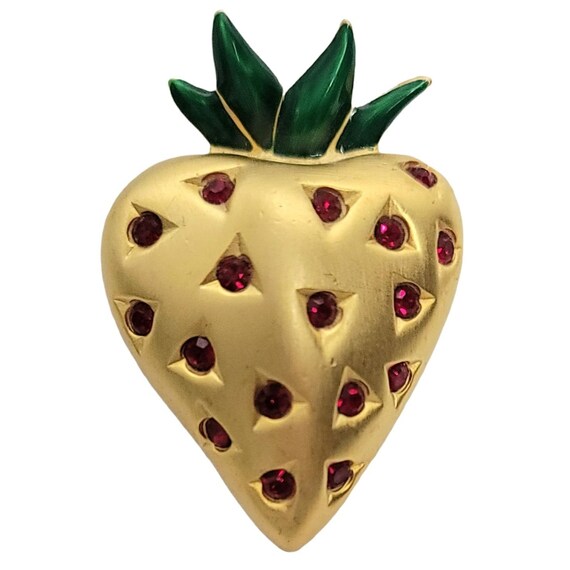Givenchy Gold-Tone Red Rhinestone Green Enamel Leaf Strawberry Brooch, Signed