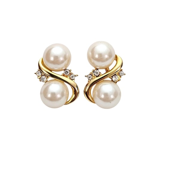 Marvella Faux Pearl, Rhinestone Clip-On S Shape Earrings Signed J561
