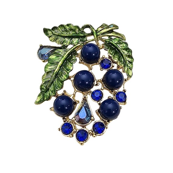 Blue Rhinestone Berry Leaf Brooch 1940-50 New Old Stock Pin