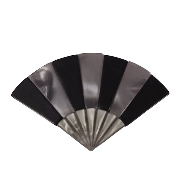Lea Stein Paris Black Pearl Gray Lucite Ladies Fan Brooch, Signed K475