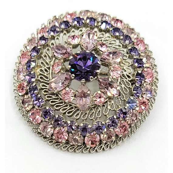 Austria Silvertone Pink Purple Rhinestone Domed Filigree Brooch