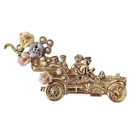 1928 Brand Porcelain Rose Car, Lady Passenger Driver Brooch Faux Pearl Pin