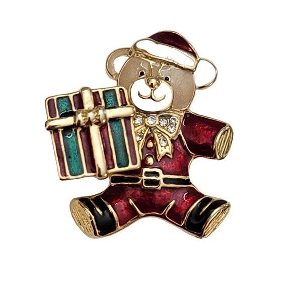 Red Green Enamel Clear Rhinestone Christmas Bear With Gift Trembler Brooch Pin K826