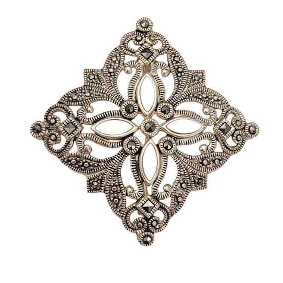 Sterling Silver Art Deco Style Marcasite Mother Of Pearl Cab Cross Brooch K234