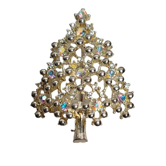 Signed Eisenberg Ice Christmas AB Rhinestone Christmas Tree Pin Brooch