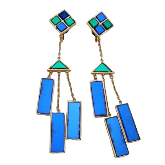 Trifari Rare Vintage Glass Blue Green Mosaic Mirror Tile MOD Dangle Earrings, Signed K706