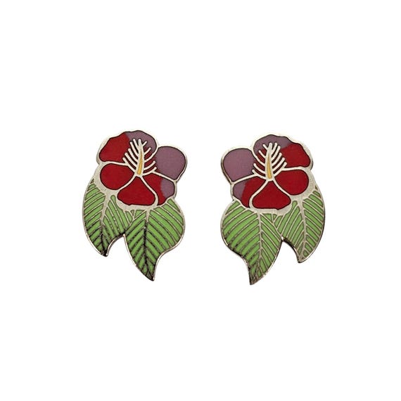 Laurel Burch Hibiscus Purple Red Green Enamel Post Earrings, Signed