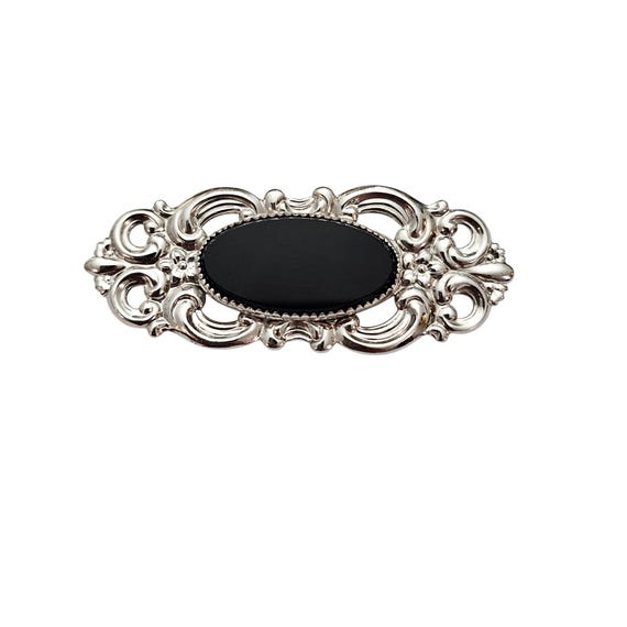 Beau Sterling Silver Oval Fleur Scroll Onyx Brooch Repousse Pin, Signed J654