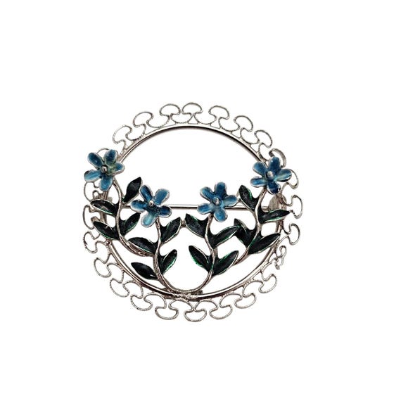 Beau Sterling Silver Blue Green Flower Enamel, Filigree Open Round Brooch Pin, Signed L496