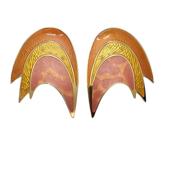 Berebi Guilloche Enamel Clip On Pink Yellow Orange Earrings Signed, C772