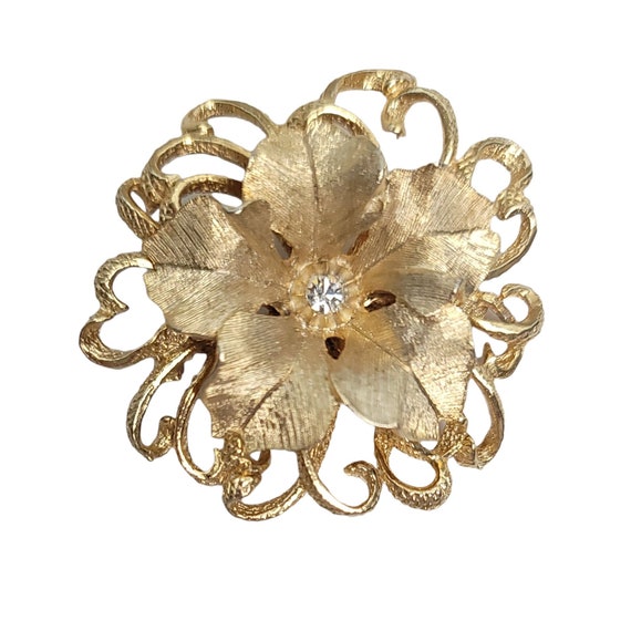 HAR Vintage Gold Tone Clear Rhinestone  Wavy Articulated Flower Brooch, Signed