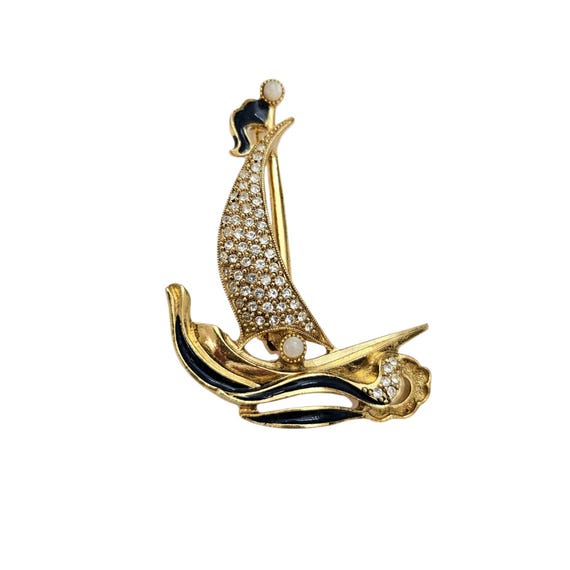 1928 Brand Sail Boat Brooch Clear Rhinestone Blue Enamel Vintage Pin