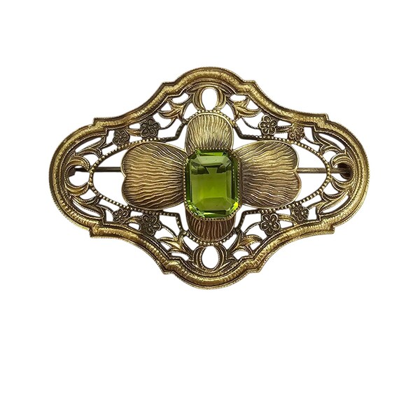 Art Nouveau Sash Brooch Gold Tone Faceted Emerald Cut Bezel Set Rhinestone Pin