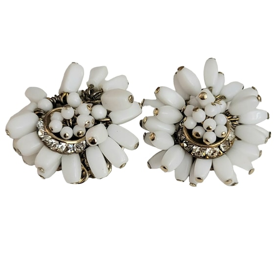 White Milk Glass Bead Clear Rhinestone Wired Clip On Earrings