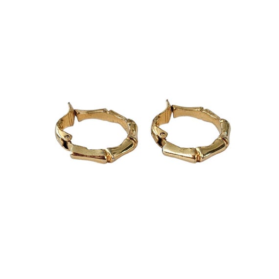 Trifari Crown Over T Gold Tone Vintage Bamboo-Style Hoop Clip On Earrings, Signed L363