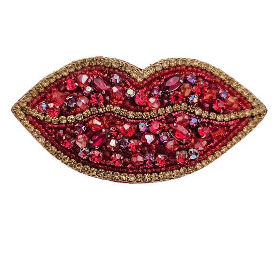 Red Lips Brooch Prong Set Rhinestone Large Needlework Pin, J52