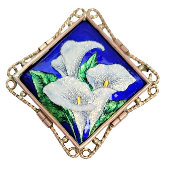 Limoges Funck Blue Raised Enamel Flower Brooch, Trombone Clasp