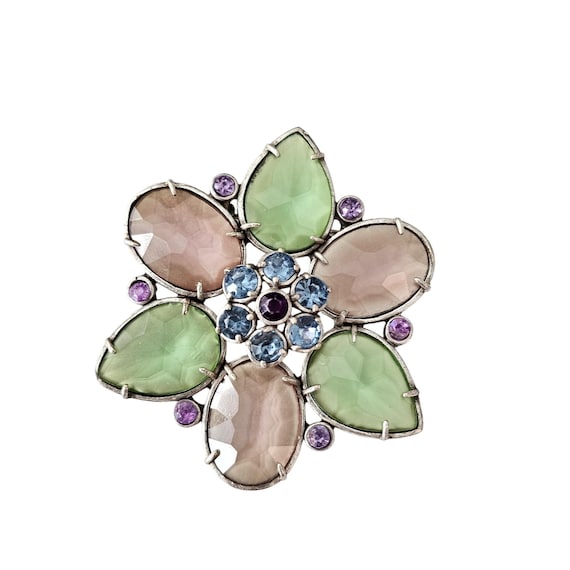 Pink Green Faceted Lucite Flower Brooch Blue Purple Rhinestone Pin J594