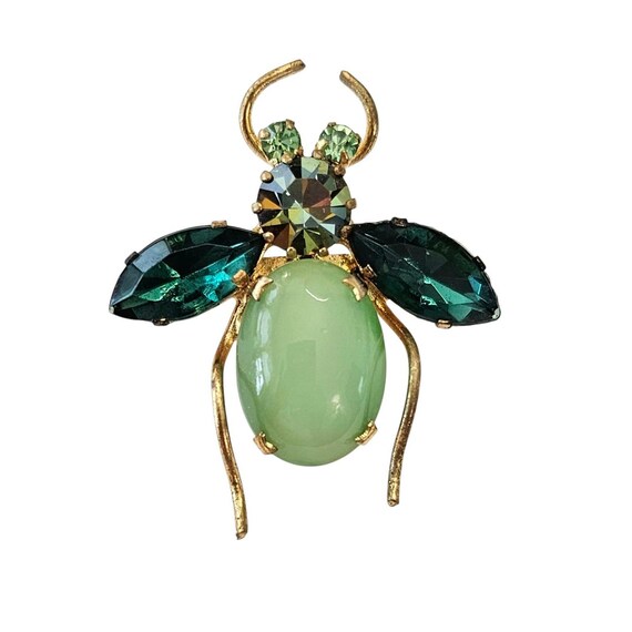 Austria Green Rhinestone Bug Brooch Pin, Uranium Glass, Domed Cabochon Pin, J32