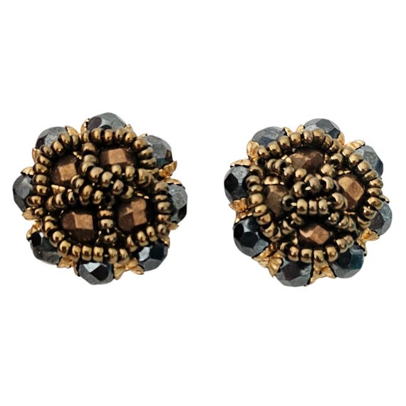 Vogue Copper Black Glass Bead Clusters Clip On Earrings, Signed L559