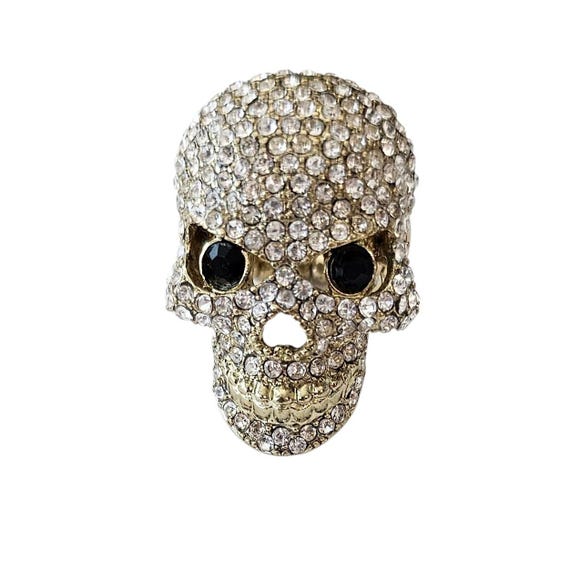 Clear Pave Rhinestone Gold Tone Skull Stretch Ring, Size 6.5, J41