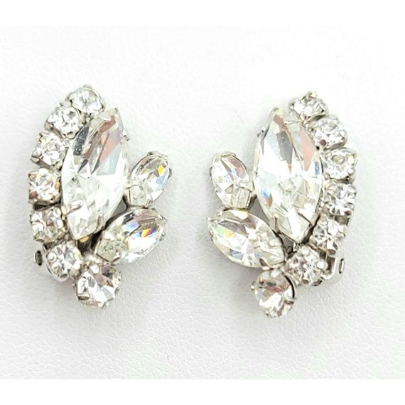 Sherman Silvertone Clear Rhinestone Clip On Earrings, Signed