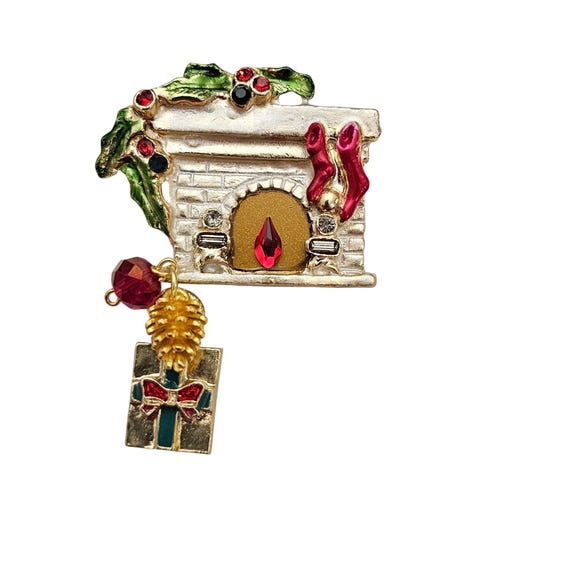 Vintage Fireplace Christmas Brooch, Pinecone Glass Bead Dangle Charms Pin J955