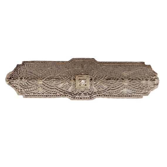 10k White Gold Art Deco Filigree, Tiny Diamond Bar Pin Brooch