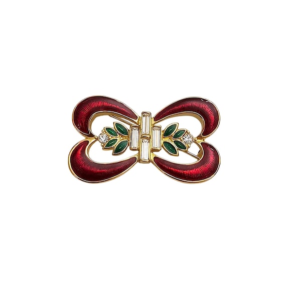 Monet Red Green Enamel Fleur Style Brooch Clear Rhinestone Laurel Leaf Pin J450
