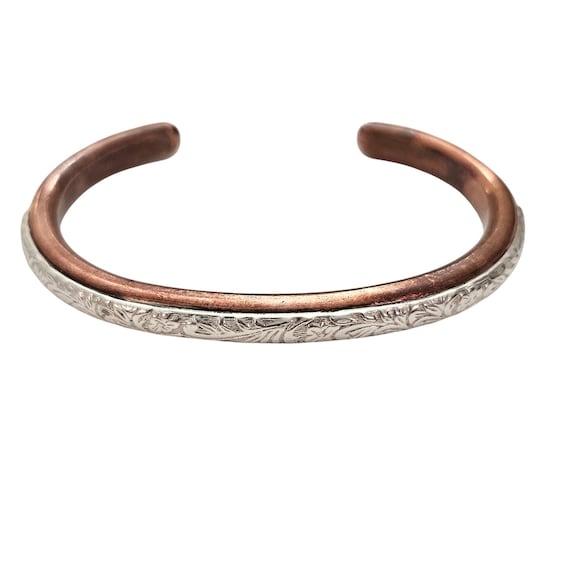 SKYKING Copper And Sterling Cuff Bracelet Floral, Leaf Stamp Signed J557