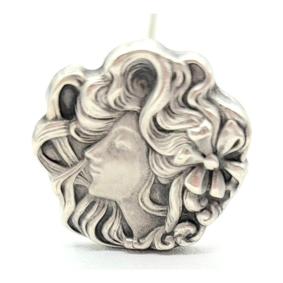 Sterling Nouveau Repousse Lady Face Hat Pin