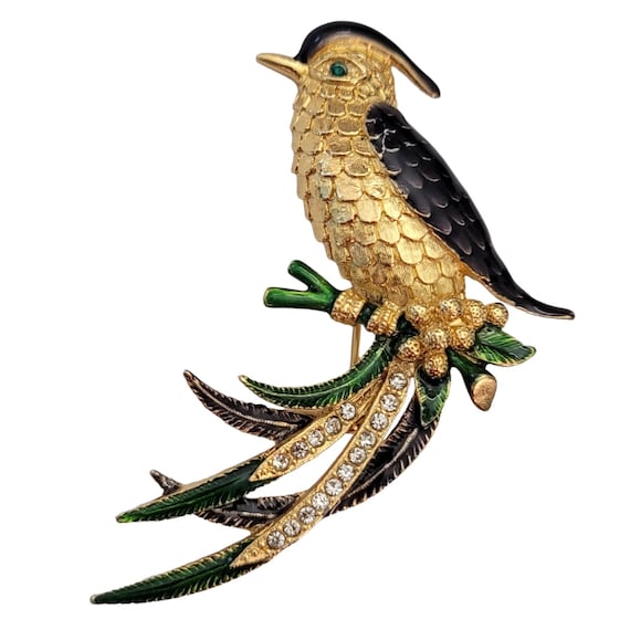 Sphinx Gold Tone Enamel Clear Rhinestone Bird Of Paradise Brooch Pin Signed E855
