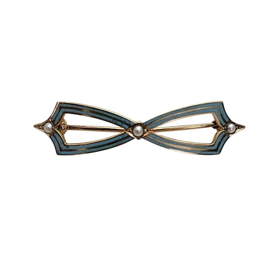 14K Yellow Gold Victorian Bow Brooch Blue Enamel, Pearls Pin C-Clasp