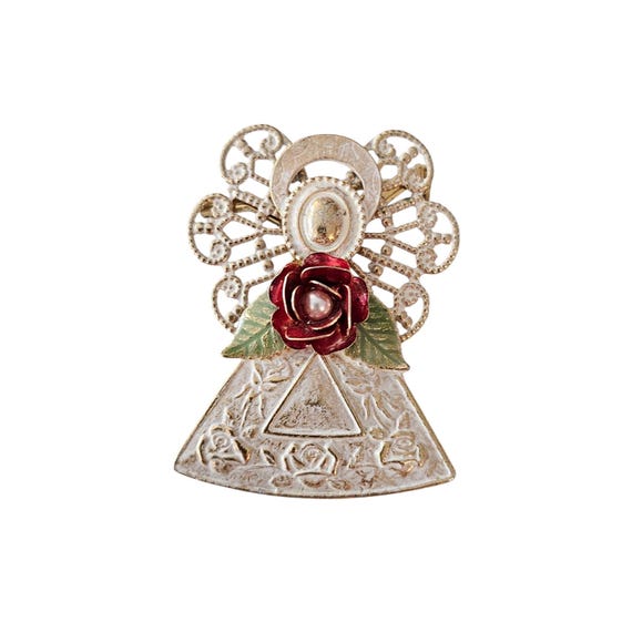 Kenneth Cole Gold Tone White Wash Angel Brooch Red Rose Pin, Signed