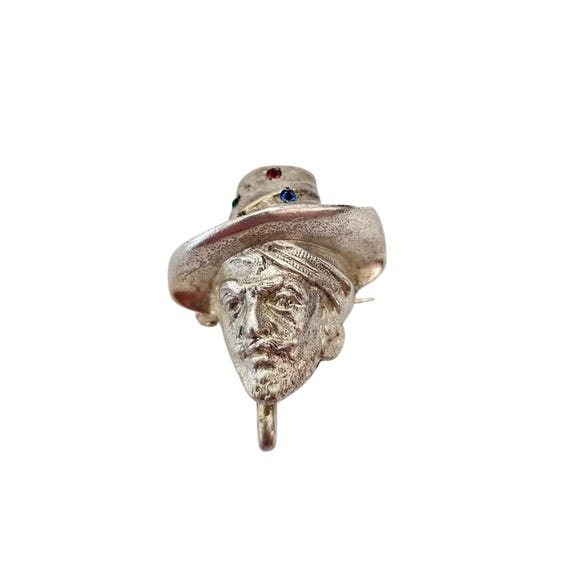 Bearded Man In Hat Brooch Red Blue Rhinestone Fob Pin J635