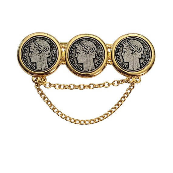 Gold Tone Francaise Silver Tone Coin Chatelaine Brooch Pin Designer Style E888