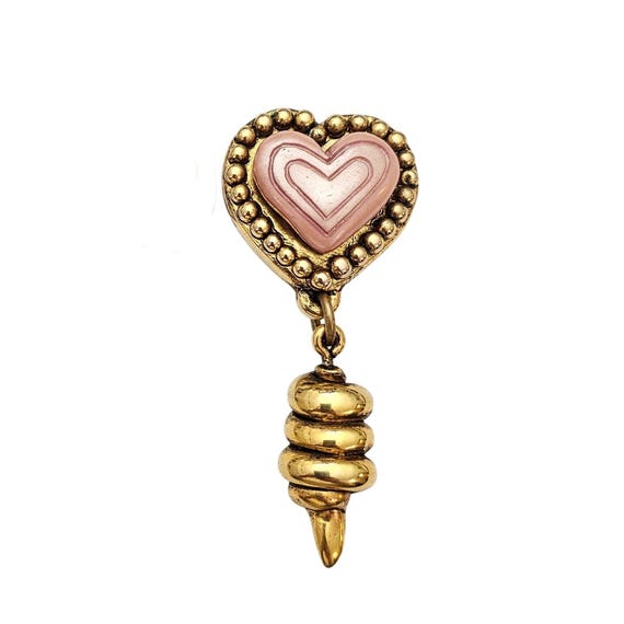 Gold Tone Gilt Style Pink Chunky Heart Brooch Spiral Charm Dangle Pin C819