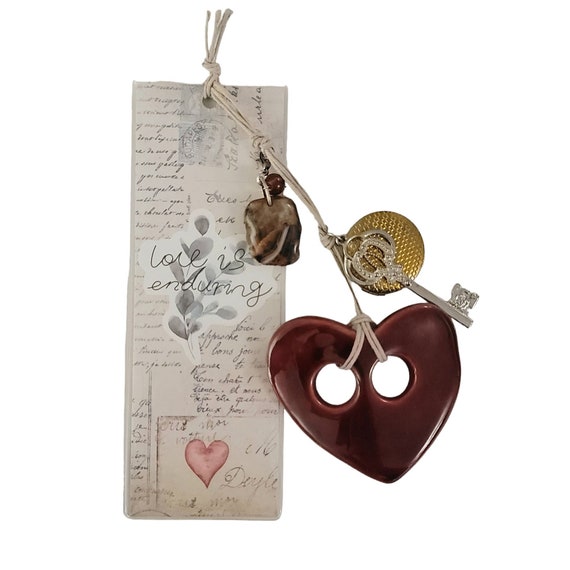Hand Crafted Heart Key Semi-Precious Stone Dangle "Love Is Enduring" Bookmark, B11