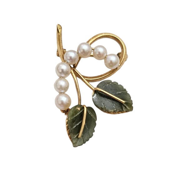 Wells 14K Gold-Filled Jade Genuine Pearl Brooch, Carved Leaf Pin, Signed L585