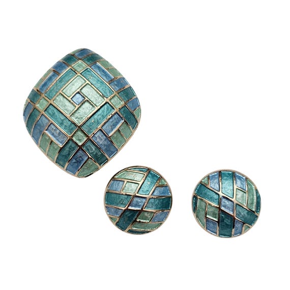 Kramer Blue Green Enamel Geo Brooch Matching Clip On Earrings Signed J700