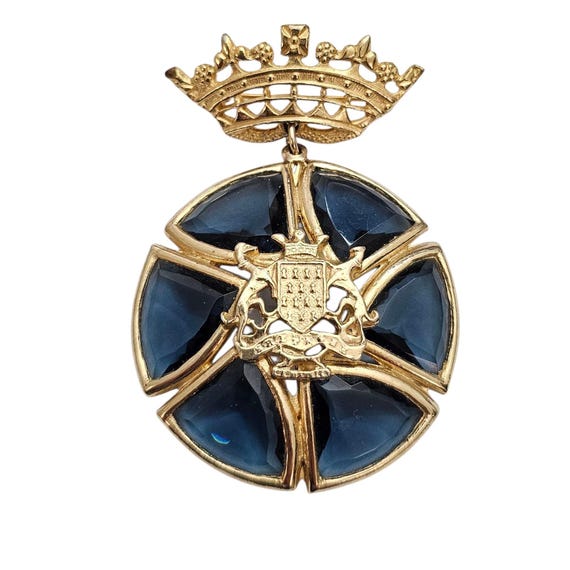 Crown Shield Blue Gammatic Molded Glass Brooch Round Dangle Pin