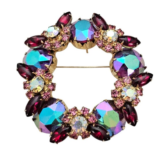 Red Pink Blue AB Rhinestone Brooch Stunning Open Round Chunky Cluster Pin Pendant