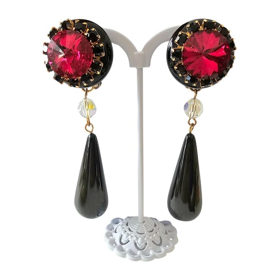 Red Rivoli & Black Rhinestone Clip On Round Button AB Tear Drop Runway Statement Earrings