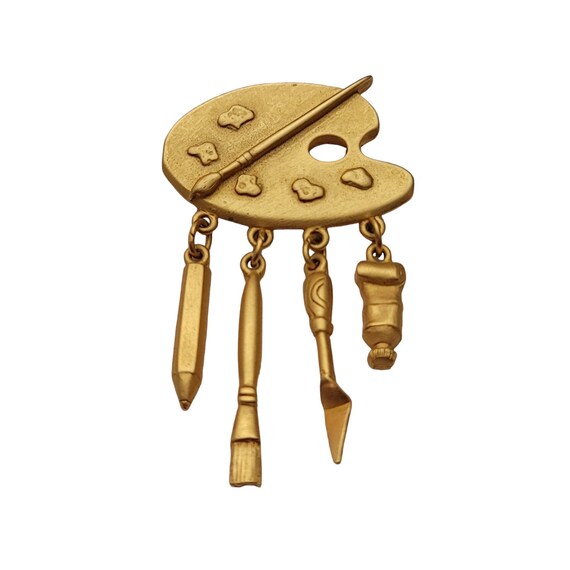 JJ Jonette Artist's Palette Paints Brush Dangle Charm Brooch Pin, Signed E624