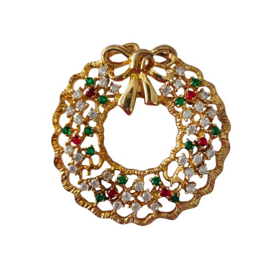 Stauer Gold Tone Wreath Brooch  Christmas Pin Pendant, Signed