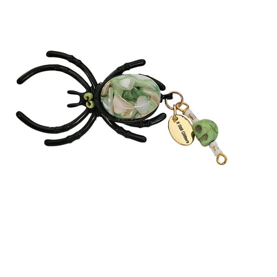 Green Art Glass Spider Dangle Skull Charm Brooch Pin L621
