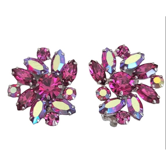 Sherman Pink Cluster AB Rhinestone Clip-On Earrings, Signed K267