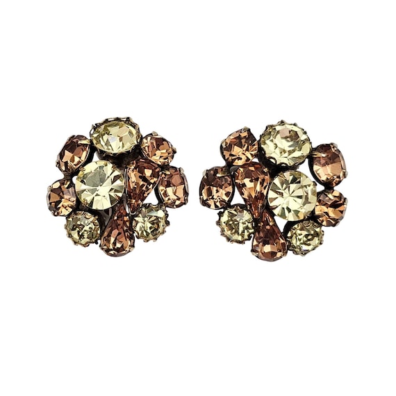 Champagne Jonquil Rhinestone Cluster Clip-On Round Earrings