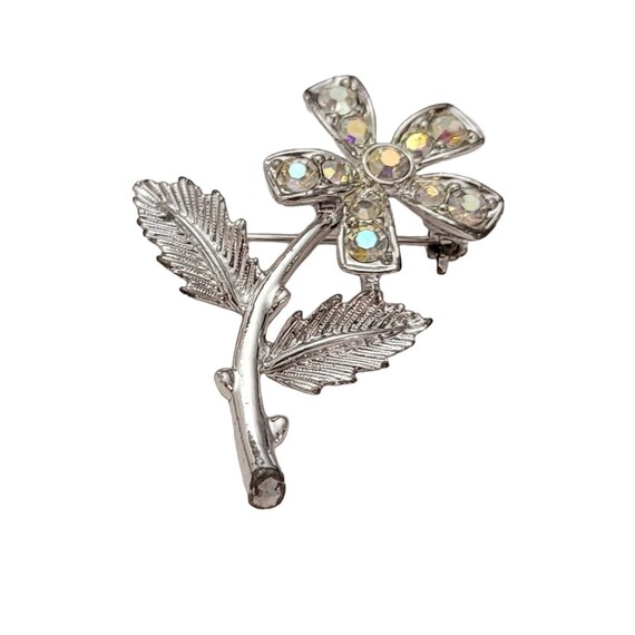 Sarah Coventry Silver Tone AB Rhinestone Mini Fleur Flower Brooch Pin, Signed E613