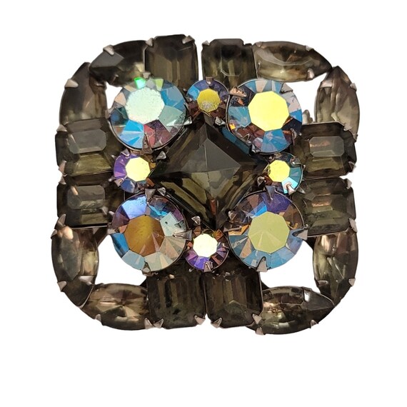 Judy Lee Silver Tone Prong Set Smokey, AB Rhinestone Square Cluster Brooch Pendant, Signed E294